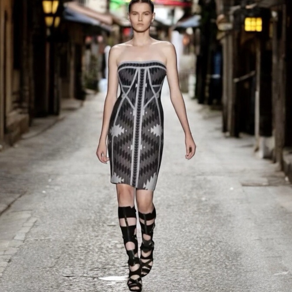 Herve Leger Dree Black & Silver Geometric Strapless “Dree” Dress SZ XS